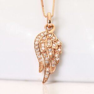 14K Rose Gold Angel's Wing Real Natural Diamond Angel Wing Pendant Necklace